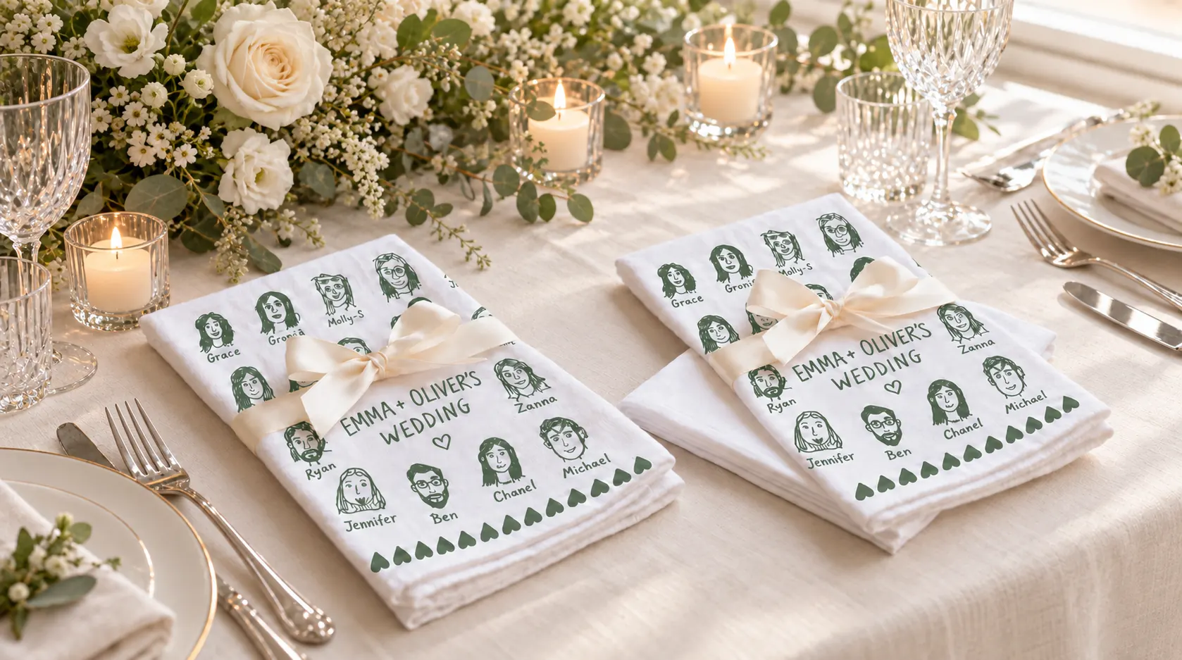 Two tea towels printed with guests’ self-portraits, folded and tied with ribbon on a wedding table